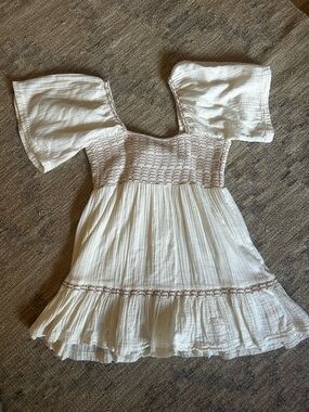 Free People White Cotton Mini Dress with Brown Embroidery